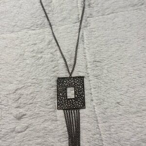 Silvertone Filigree Reversible Pendant Fringe Necklace